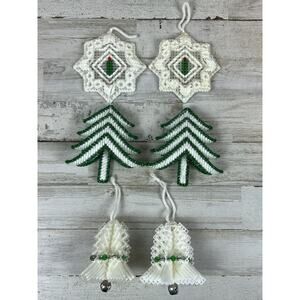 Vintage Handmade Christmas Ornaments Lot 6 Plastic Canvas Bells Trees Snowflakes